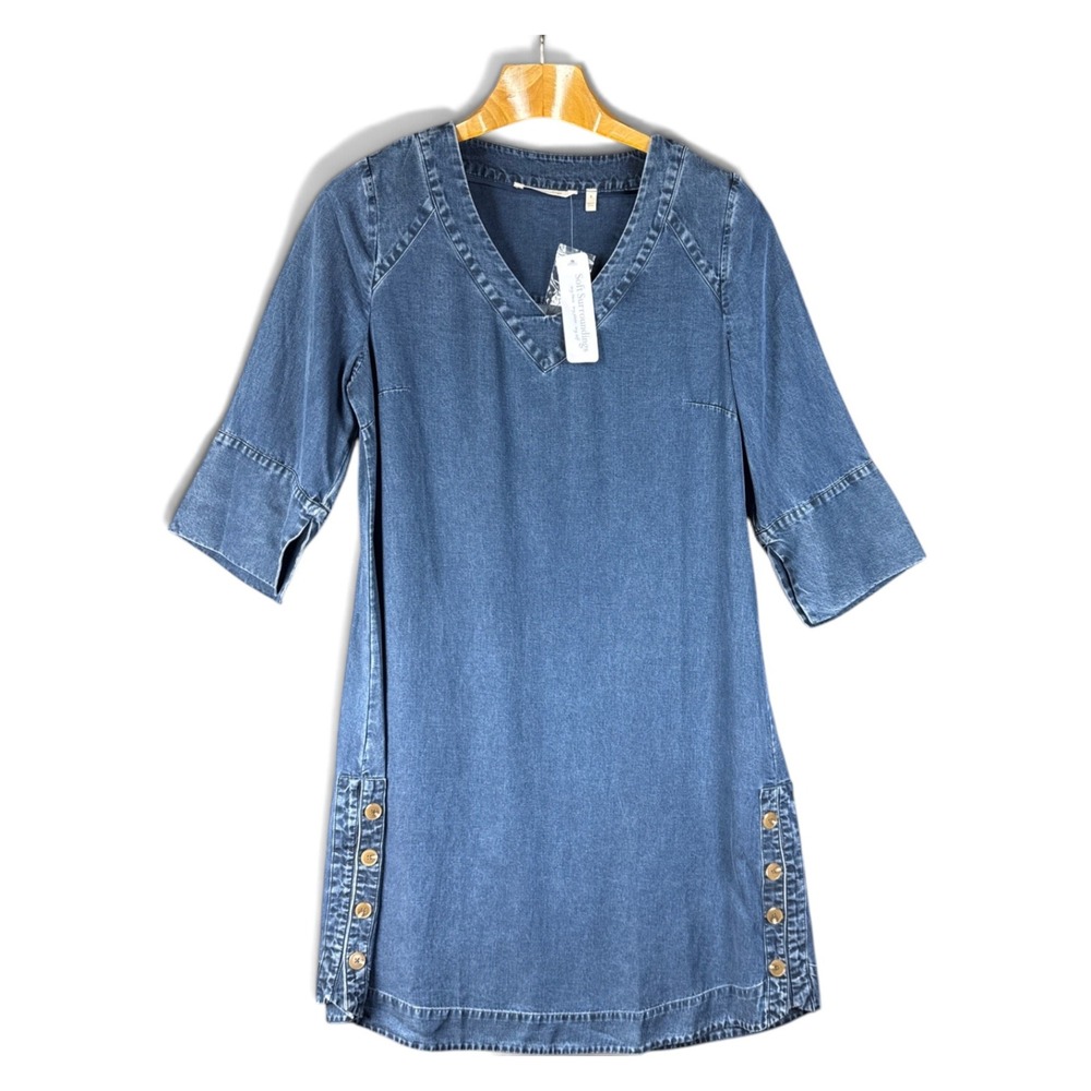 Soft Surroundings Positano Getaway Dress SMALL Blue NEW Tencel Side Button VNeck